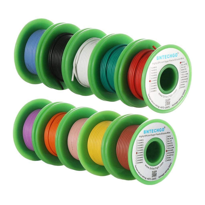 BNTECHGO 22 Gauge Silicone Wire Kit 10 Color Each 30 ft Flexible 22 AWG Stranded Tinned Copper Wire 10 Colors Each 30ft 22 AWG silicone wire