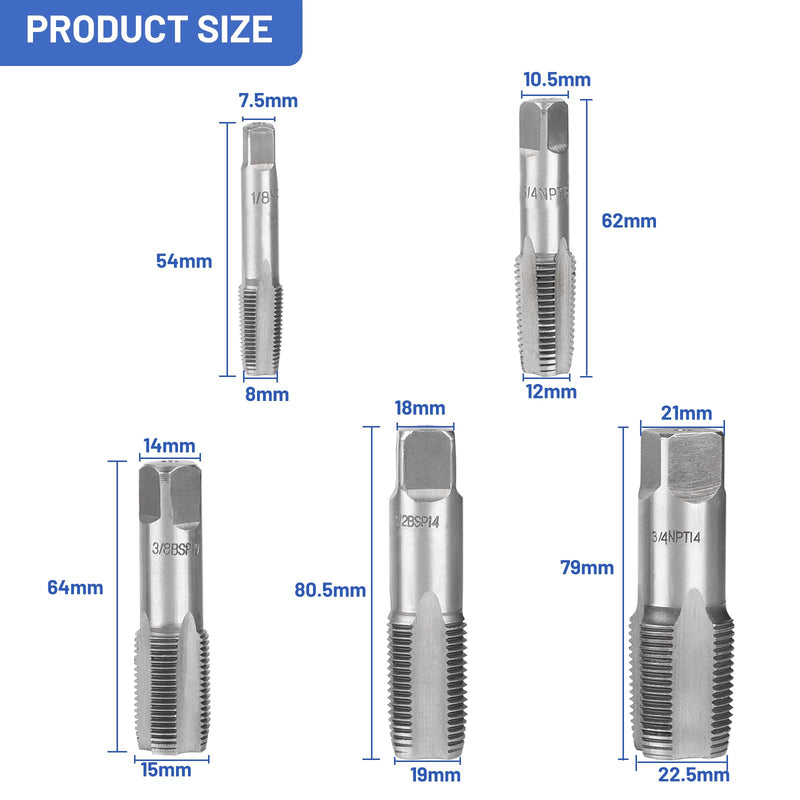 SWAWIS 5 piece pipe tap set tap tap G1/8、G1/4、G3/8、G1/2、G3/4 thread re-drill machine tap hand tap repair of pipe thread connections