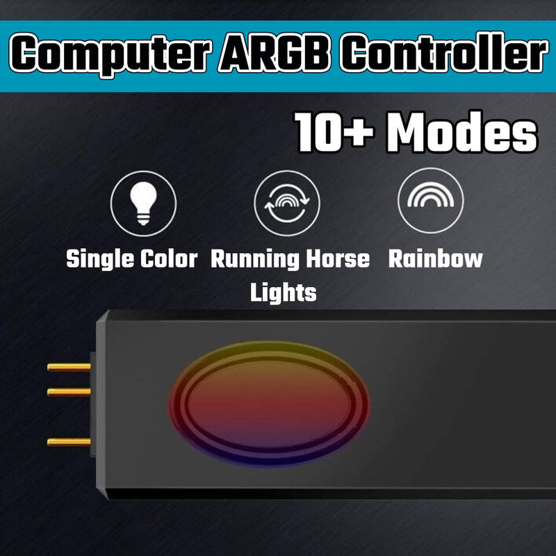 Mini ARGB Controller 3‑Pin RGB 5V Controller with Monochrome Horse Rainbow 10+ Modes SATA Power for PC Fan, Light Strip, Light Plate,Water/Air Cooled Radiator