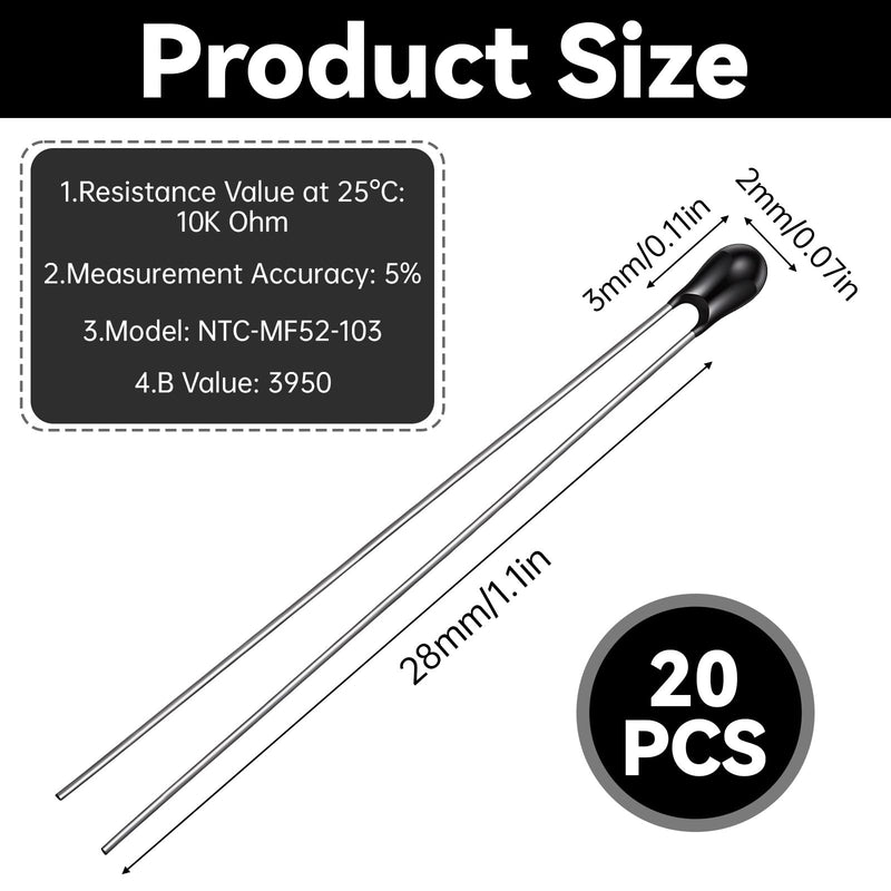 Pack of 20 NTC Thermistor Resistors, MF52-103, 10k Ohm, 5% Accuracy, Highly Sensitive Current Limiter, Temperature Sensor for Thermal Protection Circuits in Electrical Appliances, Measurement