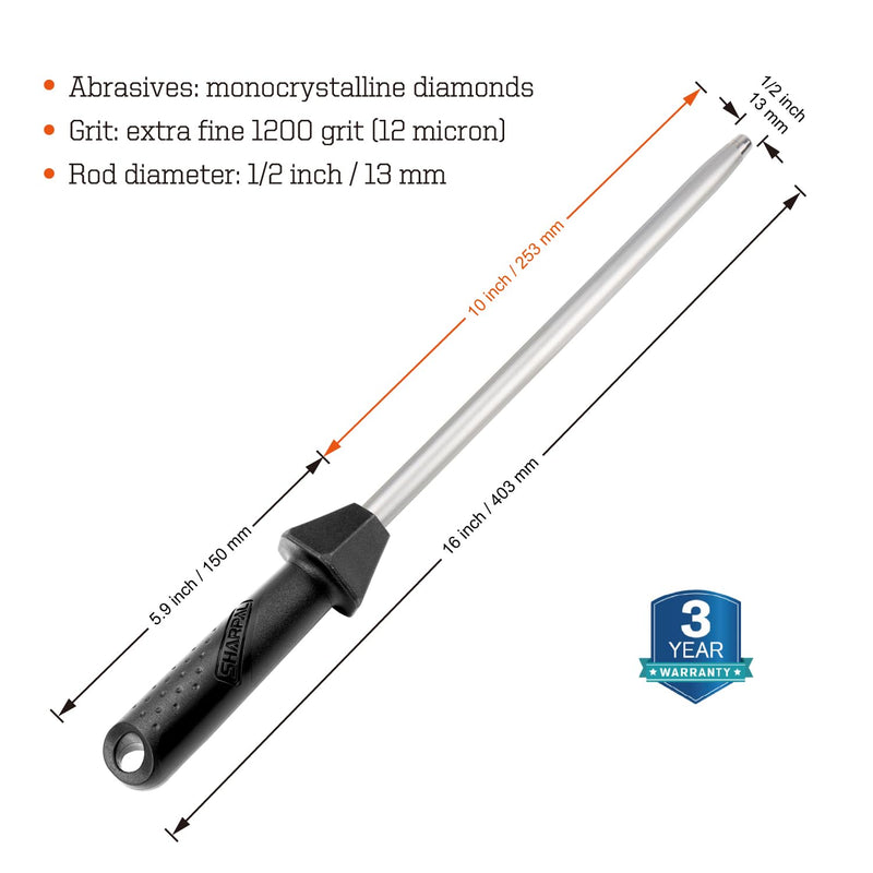SHARPAL 119N Diamond Sharpening Steel – Professional Solid Knife Sharpener Honing Rod with Built-In Angle Guides, Sharpens, Realigns, and Polishes Edges for Chef and Kitchen Knives Diamond Sharpening Steel with Angle Guide