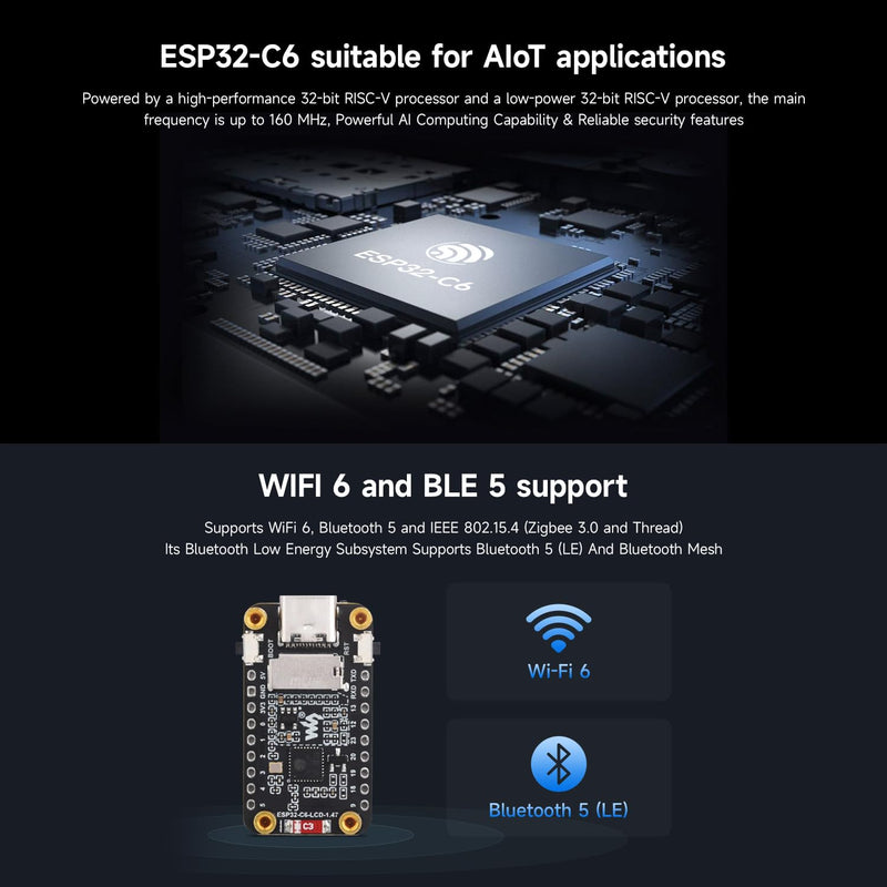 Waveshare ESP32-C6 1.47 Inch Microcontroller Wi-Fi 6 Development Board 160MHz Single-Core Processor 172 x 320 LCD Screen 262K Color with RGB BLE5 4MB Flash for LVGL GUI Development, etc