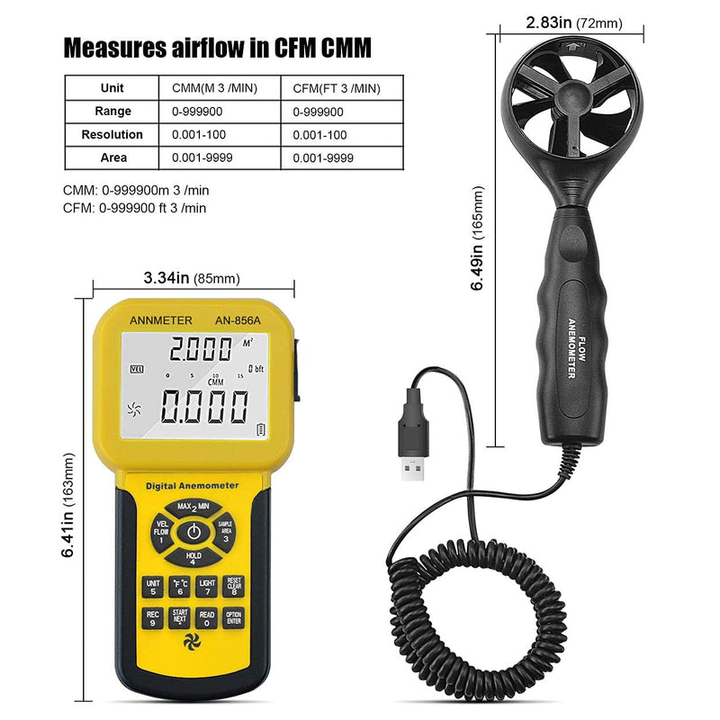 Handheld CFM CMM wind speed meter, separate anemometer measuring air flow speed temp meter for HVAC with data set MAX MIN AVG(AIOMEST AI-856A) AI-856A CFM anemometer w/ USB connect