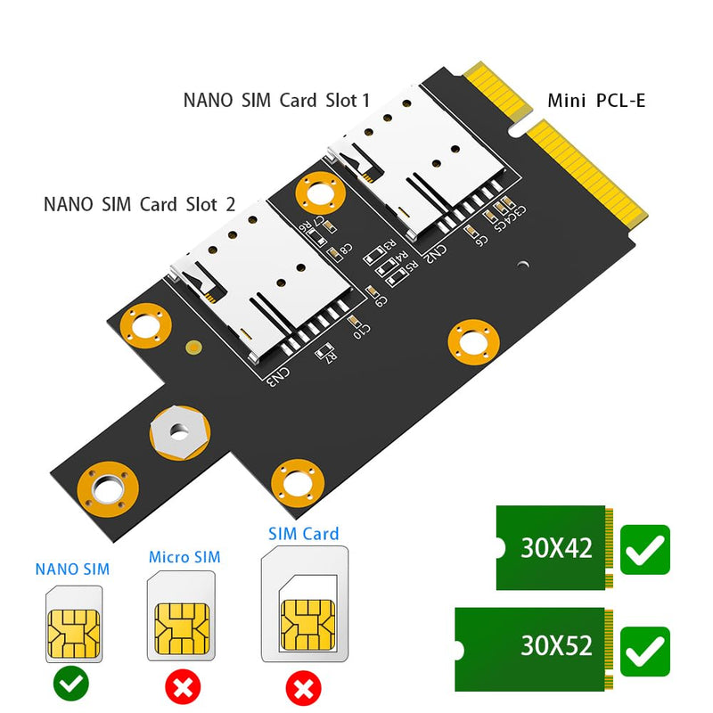 M.2 Key B to Mini PCI-E Adapter with Dual Nano SIM Card Slot for 3G/4G/5G Module Black