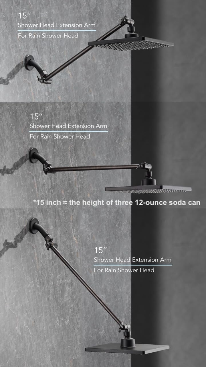 15 Inch Extra Long Adjustable Shower Head Extension Arm With Locking Set Screw, Singing Rain 304 Stainless Steel Angle Height Adjustable, G1/2 Universal Connector Compatible (Oil Rubber Bronze) 15 inch 4. Oil Rubbed Bronze