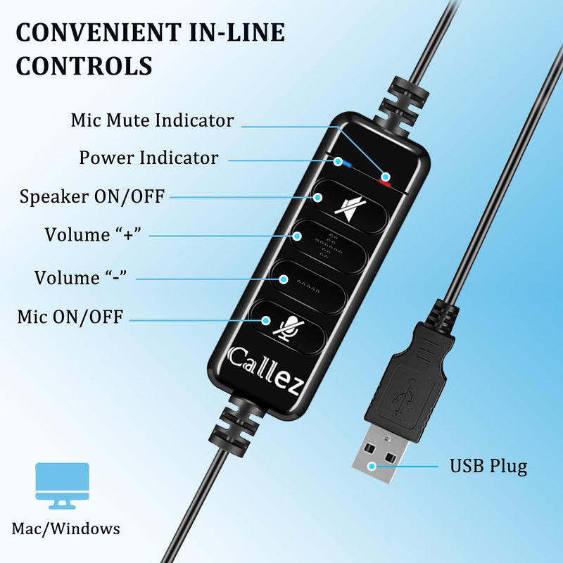 Callez USB Headset with Microphone for PC Ultra Comfort USB Headphone with Noise-Cancelling Microphone for Laptop Computer Mac Business Skype Webinar Office Remote Work Gray