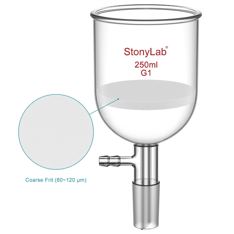 StonyLab Borosilicate Glass Buchner Filtering Funnel with Coarse Frit(G1), 76mm Inner-Diameter, 80mm Depth, with 24/40 Standard Taper Inner Joint and Vacuum Serrated Tubulation (250ml) 250 mL