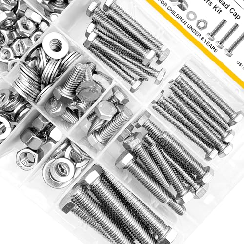 Mywish 254Pcs Nuts and Bolts Assortment Kit & (10 Sets) 1/4-20x4 Hex Head Assorted Screws with Nuts and Bolts, Heavy Duty 304 Stainless Steel Bolts and Nuts Kit with Flat Spring Washers