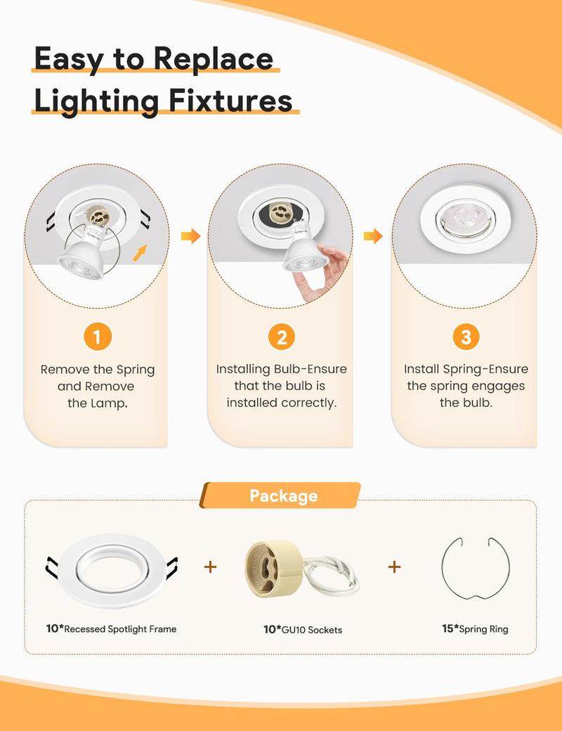 LED recessed spotlight GU10 set, (incl. GU10 socket), LED spots 230V, hole diameter 68mm, installation frame in round, white matt, 30° swivel, recessed spots made of metal, for recessed lighting (10 pieces) white