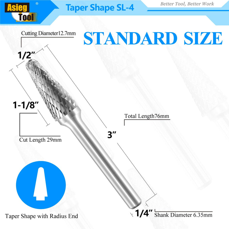 SL-4 Tungsten Carbide Burr Rotary File Taper Shape with Radius End Double Cut with 1/4" Shank for Die Grinder Drill Bit SL-4