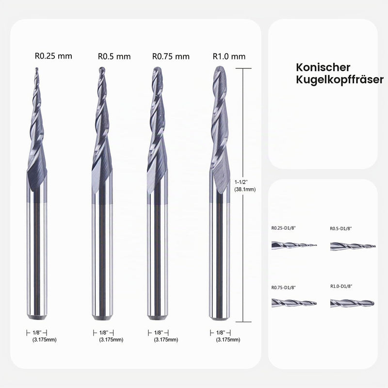 SpeTool Set of 4 2 Flute Ball End Mills with Conical Tip Milling Cutter CNC Engraving R0.25 mm - 1.0 mm 3.175 mm (1/8 Inch) Shank Solid Carbide Cutter for Router with TiAlN Coating for 2D 3D Engraving