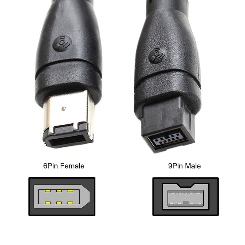 CY IEEE 1394 Firewire 800 9-pin to 6-pin Cable FireWire 800 to 400 9p to 6p Capture Cord 1.8m Black 9Pin Male-6Pin Male