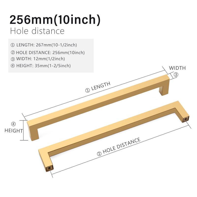Cabinet Pulls Gold Cabinet Handles Square Drawer Pulls, 5 Pack 10 Inch Stainless Steel Kitchen Door Cupboard Cabinet Handles, Drawer Hardware Handles, 256mm Hole Centers Two Hole - 10 inch Hole Centers(256mm)