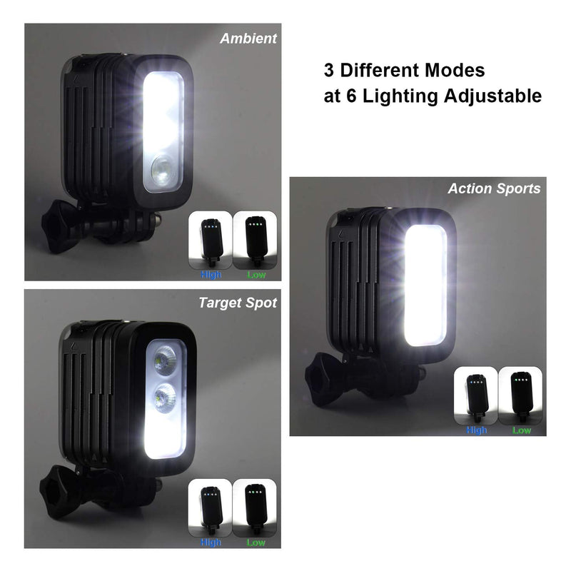 Aluminum LED Diving Light 164FT Waterproof 3 Modes Lightweight Multi-Purpose Dimmable Video Fill Night Light for GoPro Hero12 11 10 9 8 7 6 5 4 3 Session/Fusion/Max/DJI OSMO Action Camera