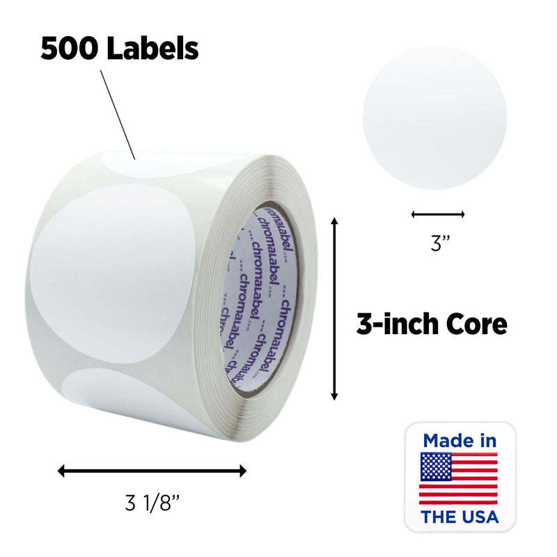 ChromaLabel 3 Inch Round Label Removable Color Code Dot Stickers, High Visibility for Warehouse Inventory, 500 Labels per Roll, White
