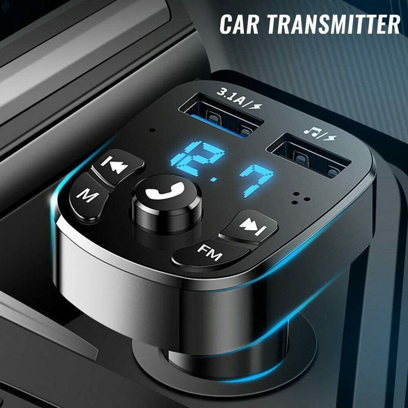 Bluetooth MP3 with FM Transmitter Adapter,Wireless Music Radio Receiver Car Charger | Play Music + Handsfree Call + Charger | 2 USB Ports,Support TF Card/U-Disk(with Ambient Light & USB C Converter)