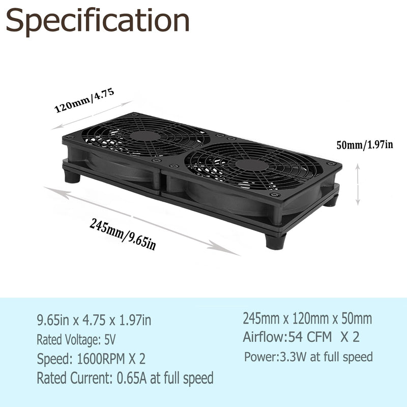 VTRETU Cooling Fan, Dual 120mm Fan for Router Rack DIY Audio Video Network Cabinet Server Cooling Project and Equipment Workstation Xbox PS5 Cooling Accessories 240 * 120 * 25mm 240mm