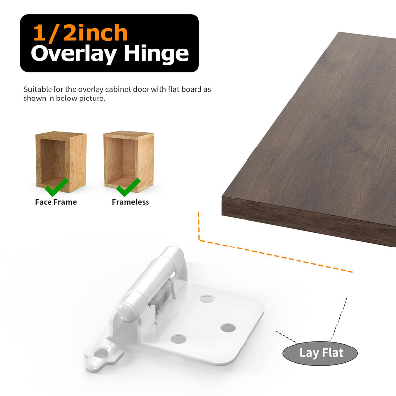 Chibery 1/2" Overlay Cabinet Hinges, 20 Pack Self Closing Flush Mount Hinges with Door Bumper, Variable Decorative Hardware for Bathroom, Furniture, Kitchen Cabinet Doors, White