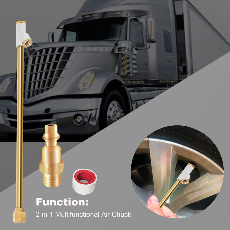 GODESON Air Chuck for Semi Truck, 1/4" FNPT 11.8" Extended Reach Dual Head Brass Air Chuck with Brass Quick Plug, 2-Way Connect Air Chuck for Semi, RV Dually Tires 11.8" Dual Head