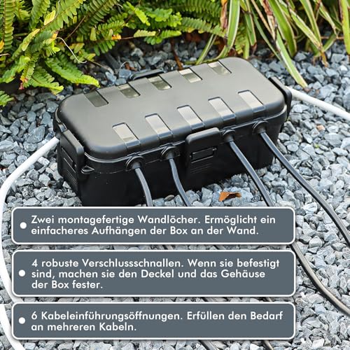 RESTMO Medium IP54 Cable Box, Waterproof, Weatherproof Cable Box, Outdoor | Ideal for protecting outdoor extension cables, power strips, outdoor sockets, angled plugs (29 x 13.2 x 10 cm), black 1 Stück