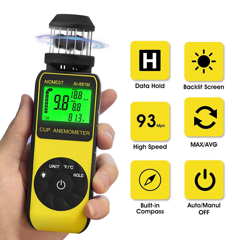 AIOMEST Wind Gauge Wind Gauge, Digital Anemometer Handheld Wind Cup Wind Speed Meter, ±4% Accuracy, Measures MAX/AVG Wind Speed & Temperature for Sailing Surfing Drone 881M