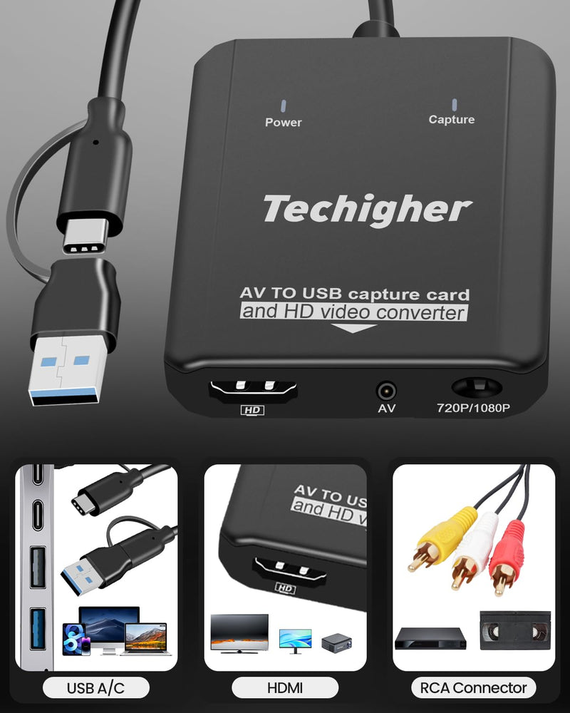 VHS to Digital Converter & RCA to HDMI Adapter USB Video Capture Card for VCR/DVD/AV/PS2/Wii,av to hdmi Converter Analog to Digital & HD Display Output, wii hdmi Adapter,Save/Convert OldVideo VHS CAP/Converter