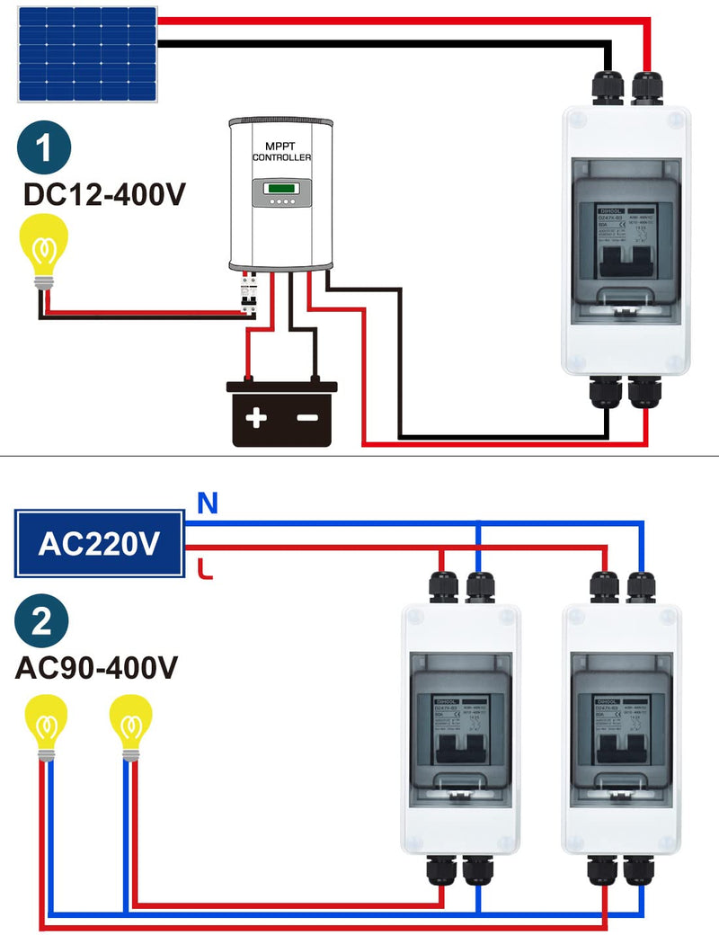 DC 12V circuit breaker PV solar system circuit breaker circuit breaker DC 60A 2-pole (DC12V-DC400V or AC110-400V) with IP65 waterproof housing 60-amp UV-resistant