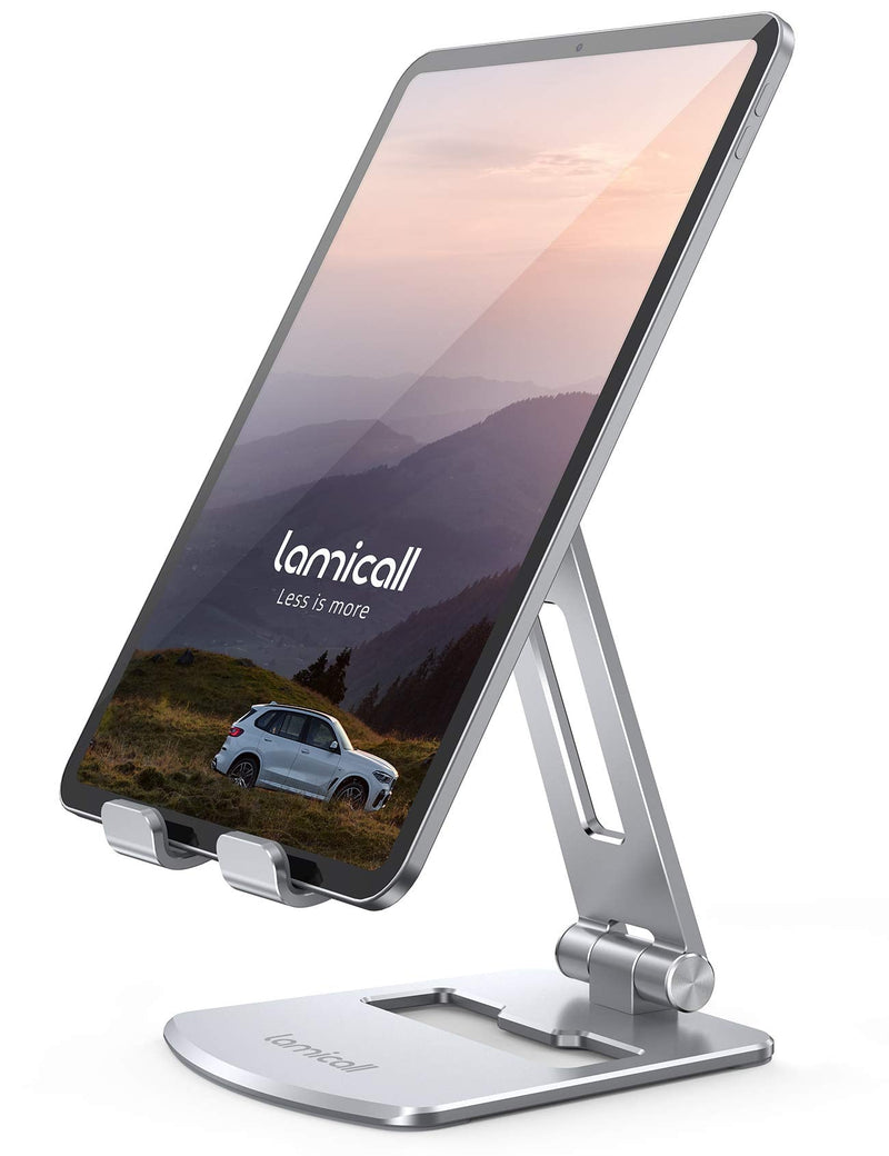 Lamicall Adjustable Tablet Stand Holder - Foldable Phone Dock, 360°Rotating Desktop Tablet Mount, for 4.7-13" Tablets, Such as iPad Pro 11, 12.9 Air Mini, Tabs, Kindle, iPhone Air 17 Pro Max, Silver