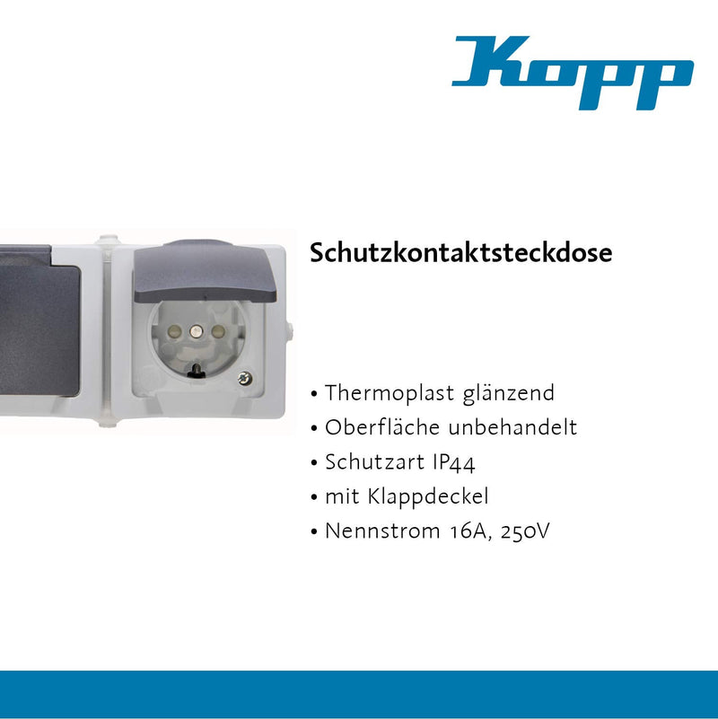Kopp Nautic 2-way socket surface-mounted for wet rooms with hinged lid and contact protection I earthed contact socket 16 A / 250 V / IP44 I surface-mounted socket I gray - 137056002 socket 2-way horizontal