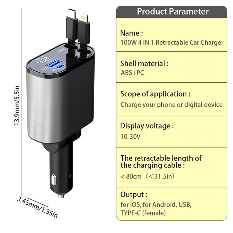 Retractable Car Charger, 4 in 1 Fast Charge Car Phone Charger Adapter 100W, Retractable Cables(2.6ft) for iPhone & Type-C, Cigarette Lighter Adapter for iPhone15/14/13 Pro Max, Galaxy, Pixel