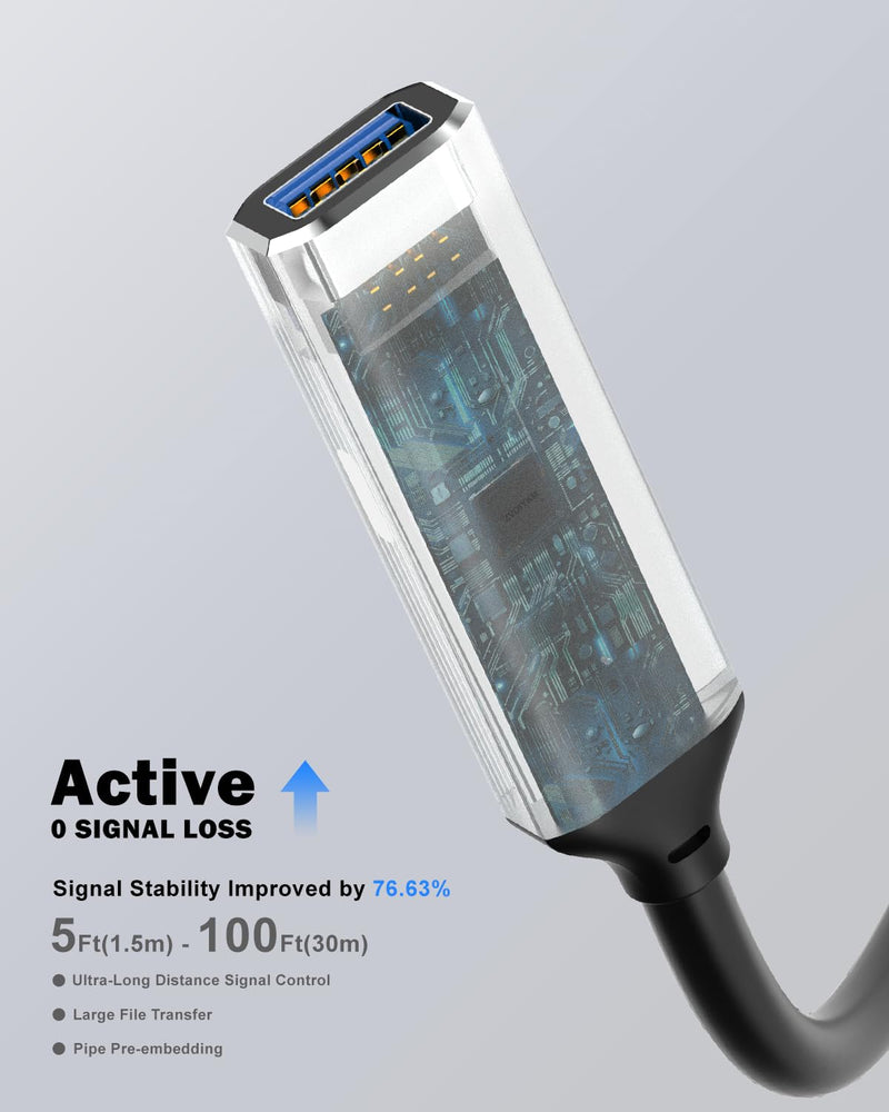 USB 3.0 Active Extension Cable, 50FT (15M) with Signal Booster - 5Gbps High Speed Data Transfer Male to Female Repeater Cord, in-Wall Compatible for VR Headset, Printer, Hard Drive, Xbox, PC 50 ft