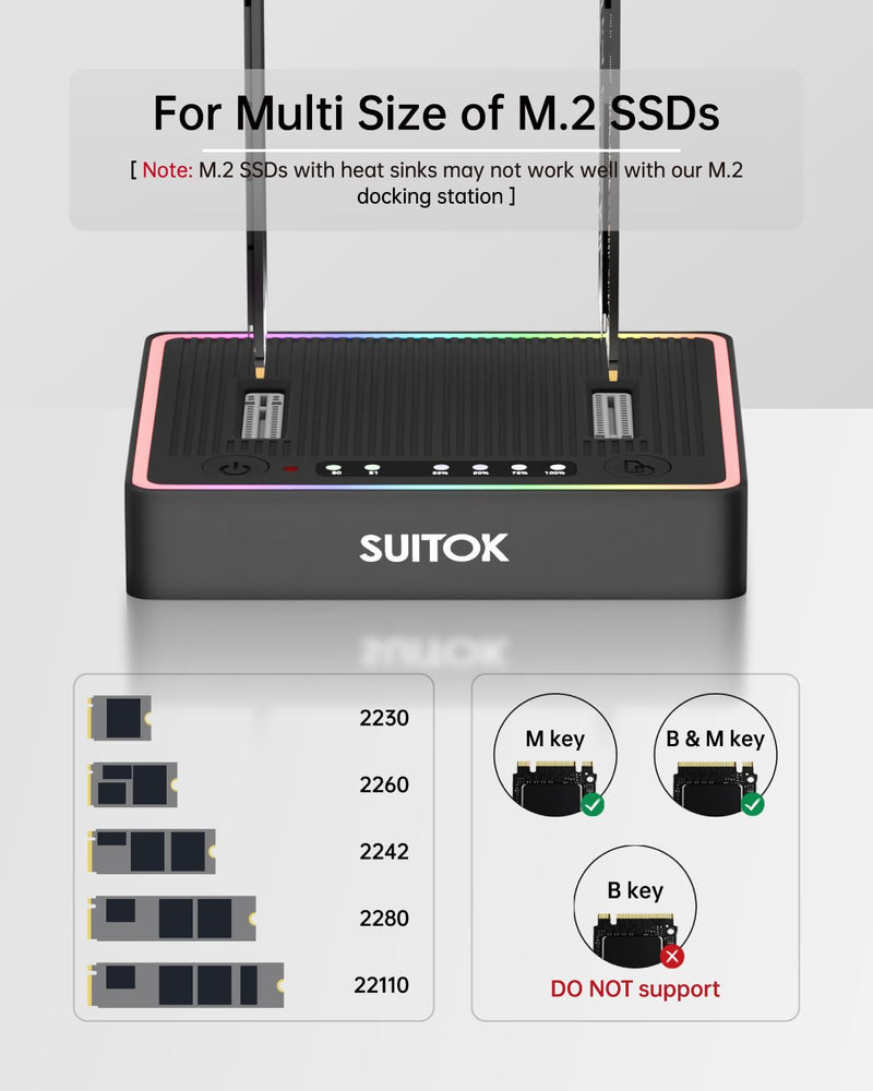 M.2 Duplicator Cloner Dual-Bay Offline USB C to NVMe SATA Dock Station, 20Gbps M2 Reader for Both (M Key, B+M Key) PCIE NGFF Docking, Size for 22110 2280 2260 2242 2230 Enclosure - STK03 STK03 20Gbps Dual Bay M.2 Duplicator
