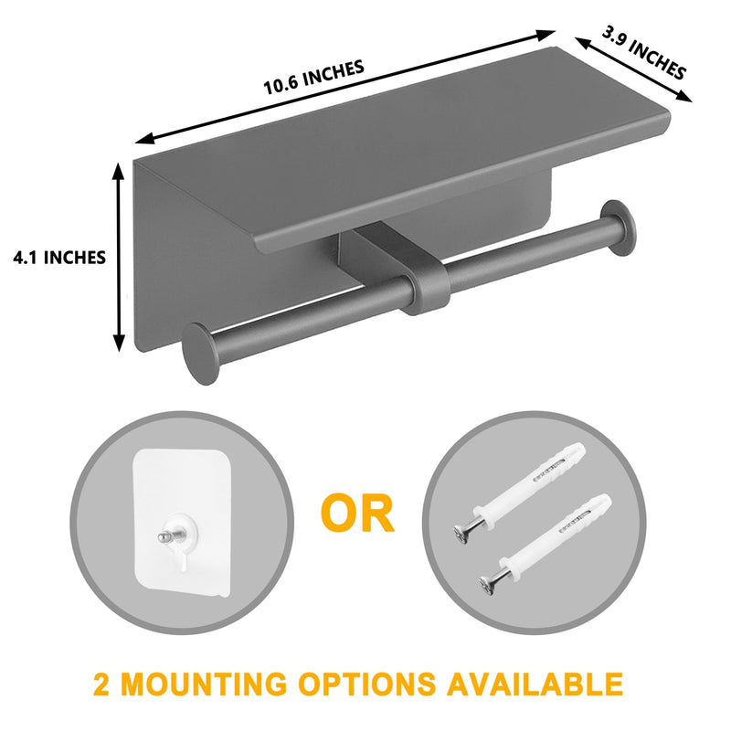 Double Toilet Paper Holder with Phone Storage Shelf Grey | Stainless Steel Tissue Roll Rack Large without Cover