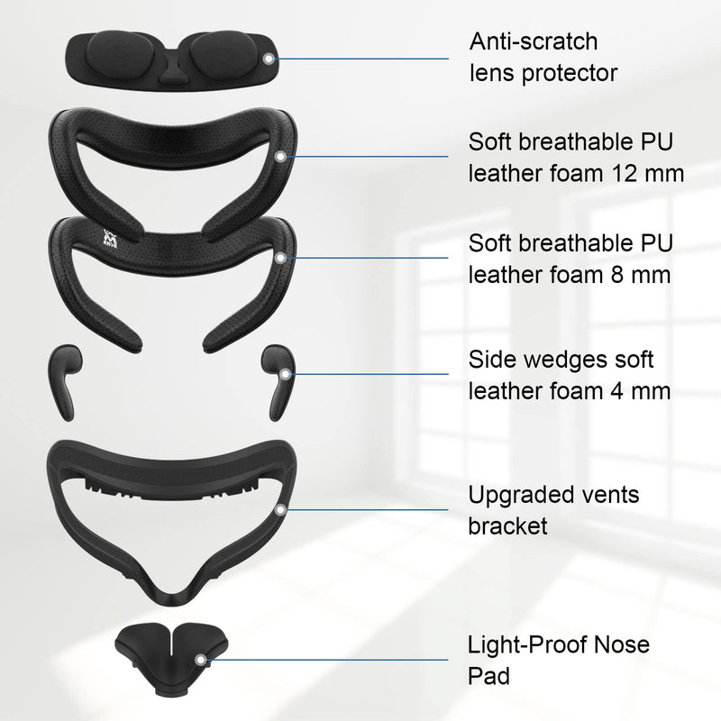 M AMVR Face Pad Compatible with Quest 2 Accessories, Face Pad Foam Replacement, with Fitness Facial Interface, Breathable PU Face Cushion and Lens Protector, Air-Circulation Design (Not for Quest 3) Black