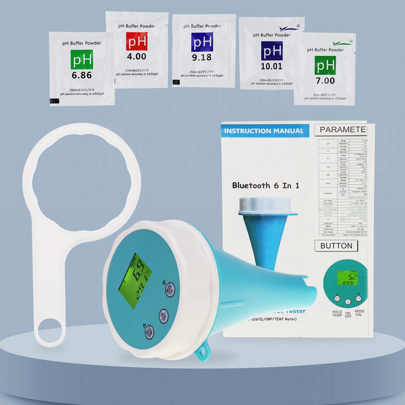 6-in-1 Digital Floating Water Monitor with Bluetooth | Real Time PH, EC, ORP, Chlorine, Salinity and Temperature Tests | 1000 Data Sets, Waterproof IP67, 24-Hour Monitoring