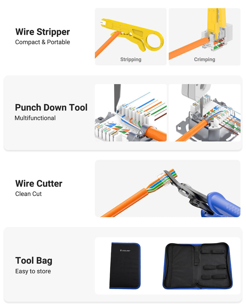 VCELINK RJ45 Crimp Tool, All-In-One Ethernet Pass Through Crimper for CAT7 CAT6A CAT6 CAT5e CAT5 Ethernet Connectors by Screw Adjustment (Kit-with Punch down Tool) Kit with Punch Down Tool