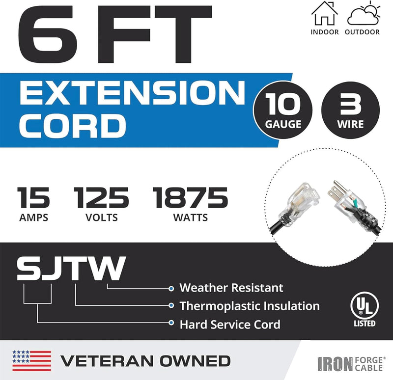 Iron Forge Cable Lighted Heavy Duty Extension Cord 6 ft - 10 Gauge Outdoor Extension Cord 15 AMP, 10/3 Black Power Cable SJTW Weatherproof with 3 Prong 6 Foot