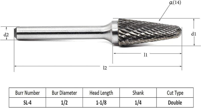SL-4 5pcs Tungsten Carbide Burrs Cylinder Shape Double Cut Rotary Burr File(1/2" cutter Dia X 1"Cutter Length) with 1/4'' Shank dia,Pack of 5 SL-4 5PCS