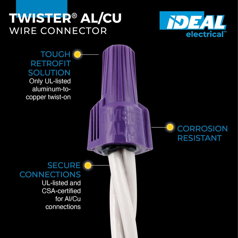 Ideal Electrical Twister Al/Cu (30-1765S) Purple Wire Connector, Bag of 10 — Aluminum-to-Copper Twist-On Wire Nuts with Antioxidant Filler Pack of 10