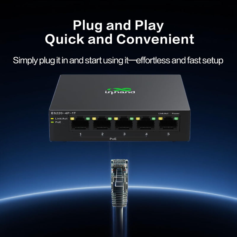 InHand ES220 Unmanaged Switch with One-Click VLAN | 5-Port Gigabit Ethernet Hub with 52W Power Output | Fanless Metal Case for Security Cameras, VoIP Phones & WiFi AP (5-Port Gigabit PoE Switch) 5-Port Gigabit PoE Switch