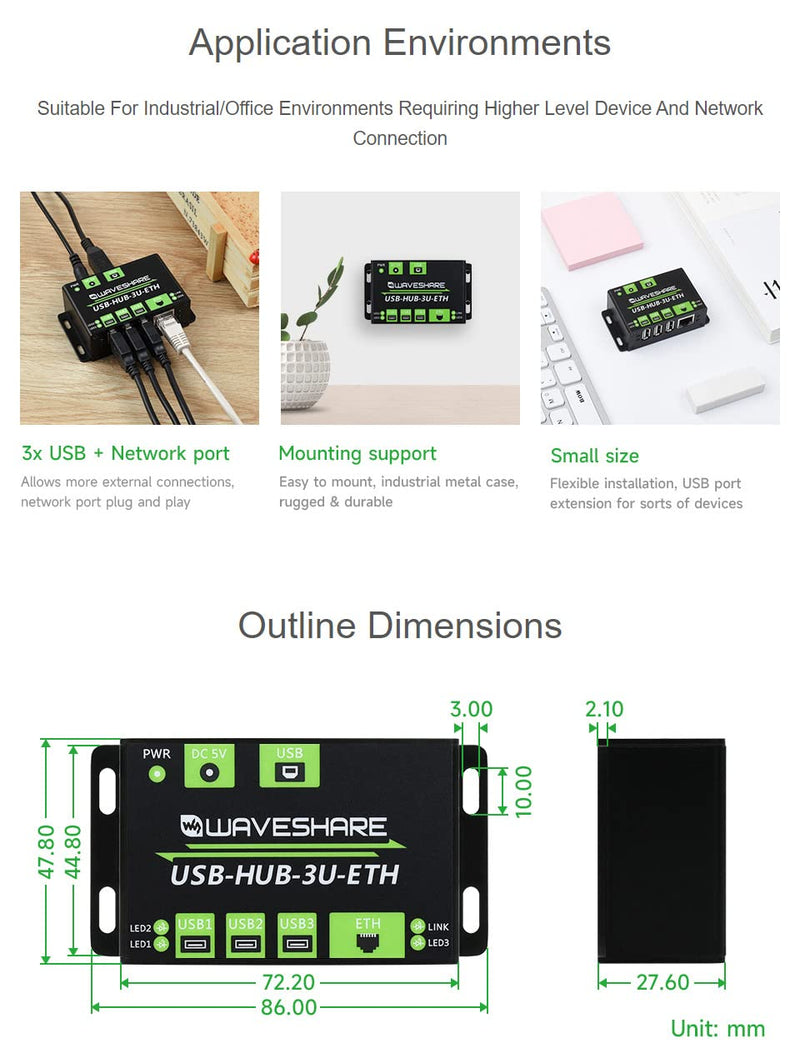 Waveshare Industrial Grade Multifunctional USB HUB Extending 3X USB Ports + 100M Ethernet Port Suitable for Industrial/Office Environments Requiring Higher Level Device Without Power Supply