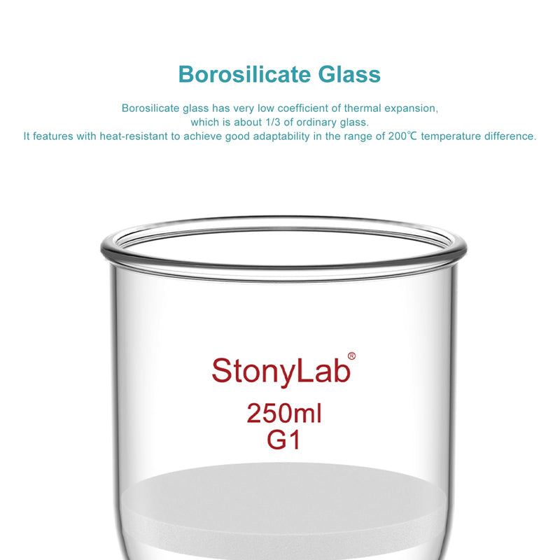 StonyLab Borosilicate Glass Buchner Filtering Funnel with Coarse Frit(G1), 76mm Inner-Diameter, 80mm Depth, with 24/40 Standard Taper Inner Joint and Vacuum Serrated Tubulation (250ml) 250 mL