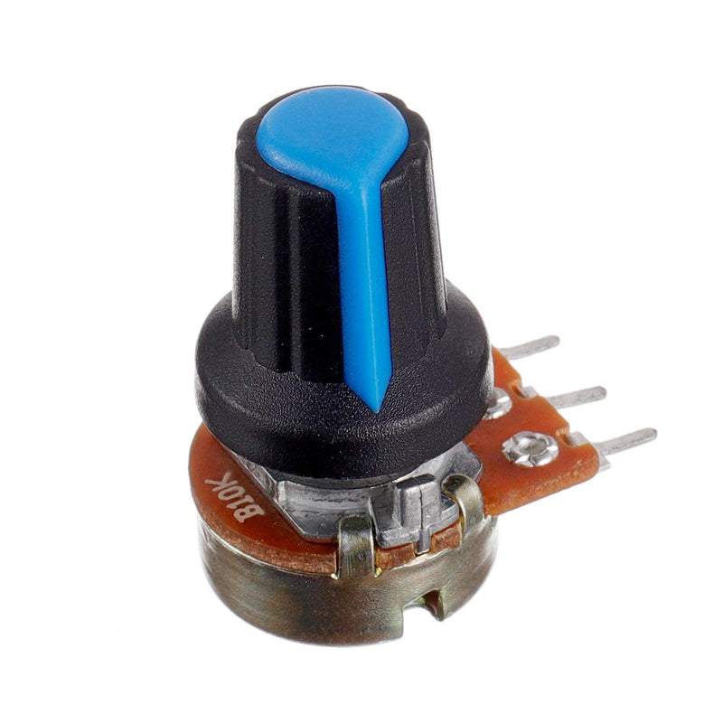 BOJACK 10 Sets B10K Knurled Shaft 3 Terminal Linear Taper Potentiometer (WH148) 10K Ohm Single-Turn Carbon Film Variable Resistors with Blue Plastic Buttons