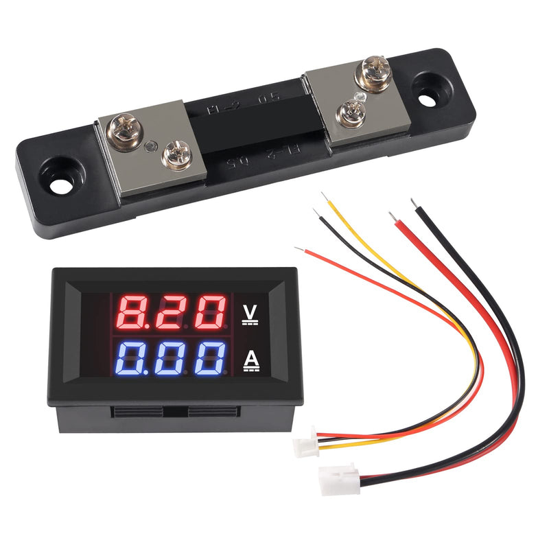 2pcs 0.28'' Digital Volt Amp Voltmeter Ammeter Meter DC 0-100V 50A Red Blue Dual LED Display Voltage Amperage Current Meter 2 in 1 Tester with 50A/75mV Shunt