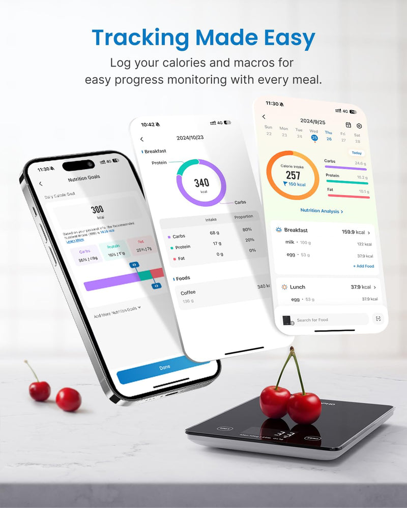 RENPHO Digital Kitchen Scale, Smart Food Weight Scale with Nutritional Calculator, Gram Scale for Weight Loss Cooking Baking Keto Macro Diet, Black Glass, 22lb/10kg