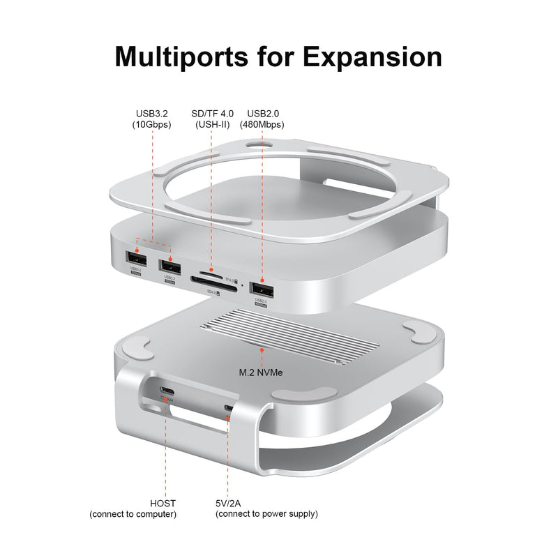 Qwiizlab Aluminum Stand Hub for Mac mini M4/M4 Pro, Docking Station with with NVMe SSD Enclosure, 2 USB-A 10Gbps, TF/SD 4.0 Card Readers 312MB/s, USB-A 2.0, Fits M.2 NVMe SSD up to 8TB