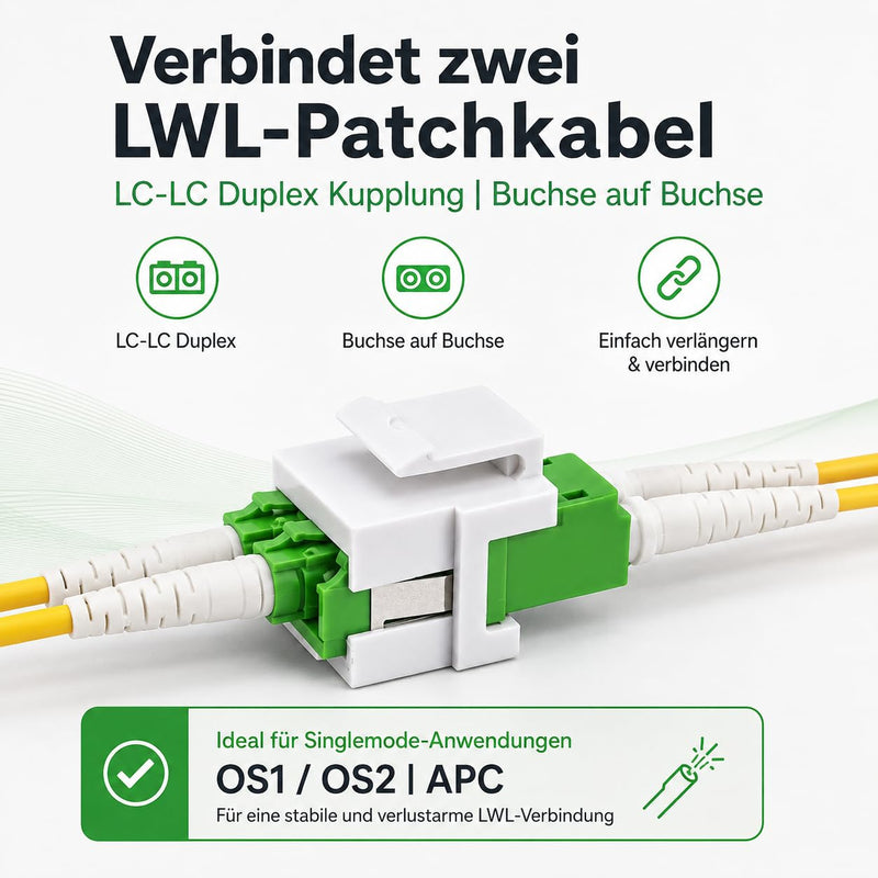 1aTTack.de 3x LWL Keystone Connector OS1 / OS2 (APC) LC Duplex Female to LC Duplex Female Single Mode Green LC/LC (APC) KS Green OS1/OS2 Keystone