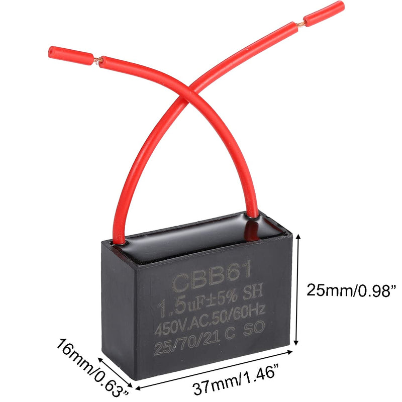 Greluma 2pcs 1.5uF 450V AC CBB61 Ceiling Fan Capacitor 50/60Hz Motor No Polarity 2-Wire 1.5uF-2