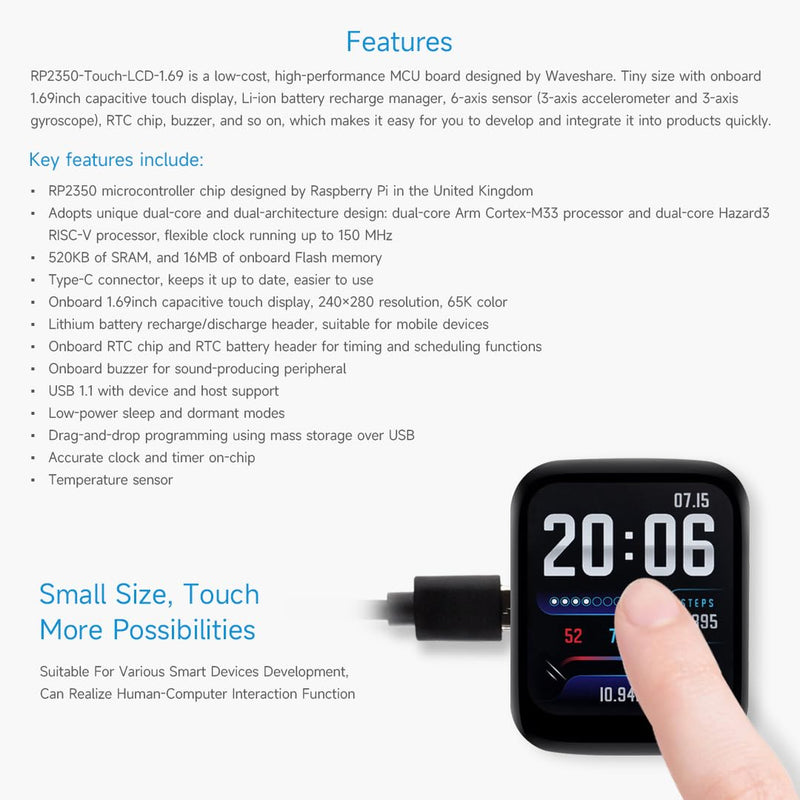 Waveshare RP2350 Microcontroller Development Board, with 1.69inch Touch LCD, Rounded Corners, Dual-core & Dual-Architecture Design, 16MB Flash, Accelerometer and Gyroscope Sensor