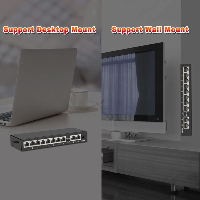 10 Ports Gigabit Ethernet Switch Unmanaged, 8 Gigabit Ports+2 Gigabit Uplink Port, Network Switch,Ethernet Splitter| Plug & Play| Fanless Metal Design| Shielded Ports| Traffic Optimization 10 Ports|8 Ports Gigabit+2xUPLINK Ports